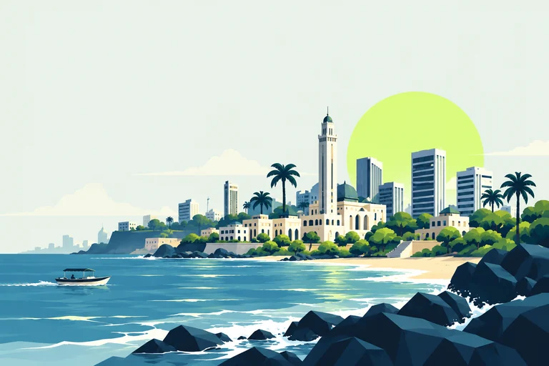 Illustration stylisée d’une ville côtière sénégalaise au bord de l’Atlantique